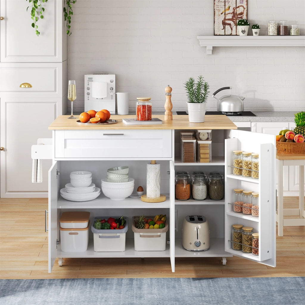 Isola da Cucina Mobile 132;5x44/70x90 cm con Piano Ribaltabile; Mobile Contenitore; Portaspezie; Portasciugamani e 5 Ruote