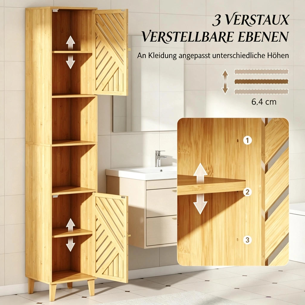 Armadietto da bagno alto con 2 vani aperti, 2 ante e ripiani regolabili, in bambù e truciolare, 32 × 30 × 170 cm