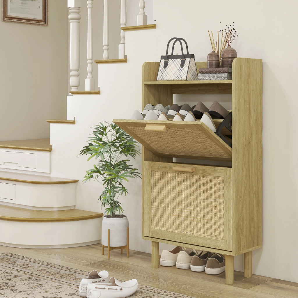 Scarpiera con cassetti e ripiano ¨C zephmum ¨C 80x24,5x110 cm rovere
