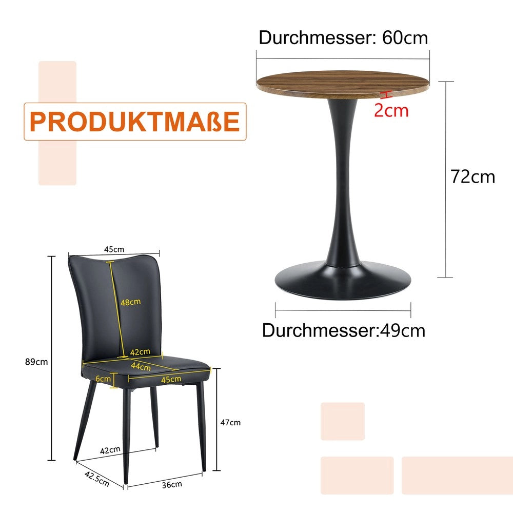 Set Tavolo Rotondo e 2 Sedie da Pranzo ¨C Xylo ¨C Piano MDF 60cm, Gambe e Struttura Nere, Seduta in PU