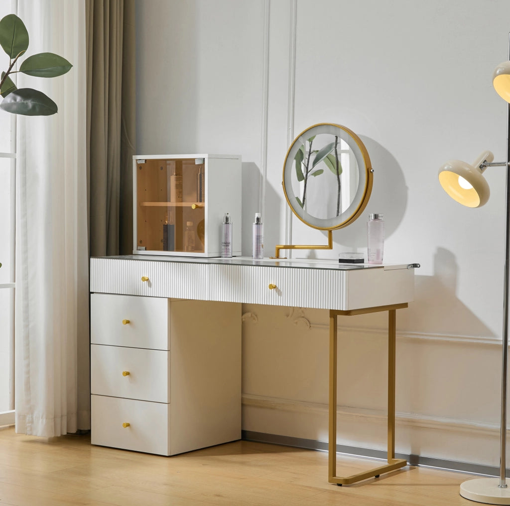 Toeletta con specchio LED bianca e oro 120x45x115 cm