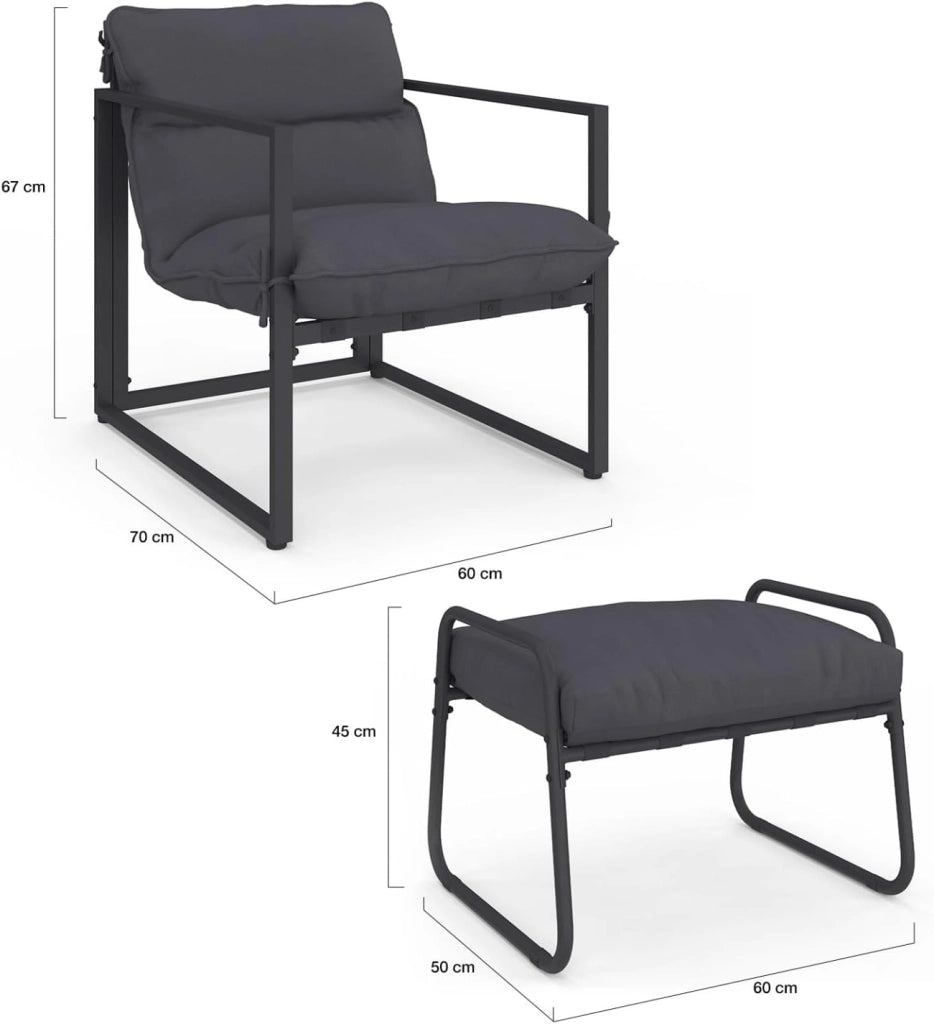 Set di 2 poltrone da Giardino Marco con poggiapiedi Grigio e Cuscino Grigio Antracite