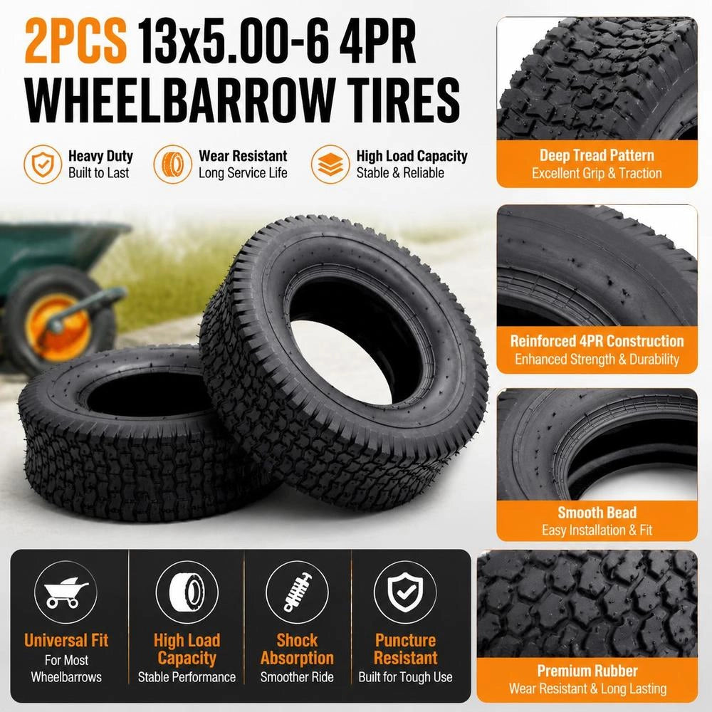 Wheelbarrow Tires, 2 Pieces, 13x5.00-6 4PR Rubber