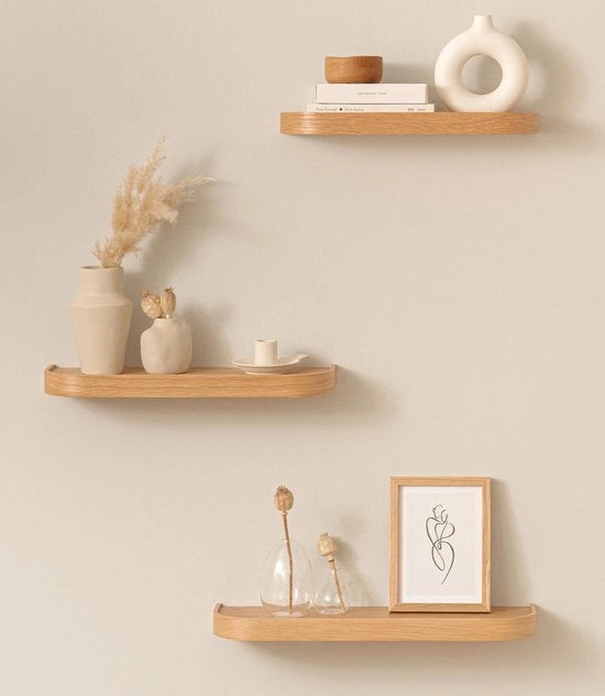 Set di pannelli da parete 'Toke' | 3 Pannelli in finitura in legno reale | Pannello in legno galleggiante come decorazione per parete e spazio di stoccaggio per bagno, soggiorno, cucina, camera da letto e altro | Legno di quercia