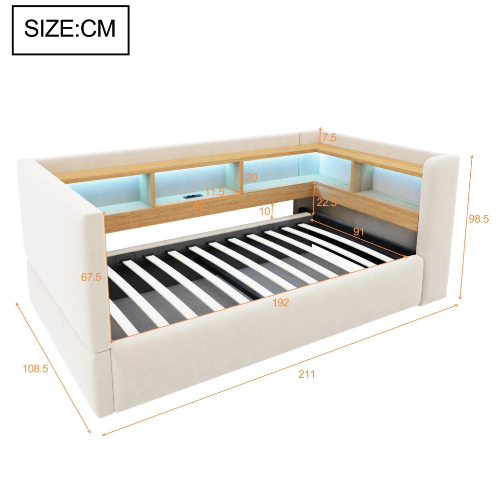 Divano letto 90x190 cm con contenitore; LED e prese in flanella beige