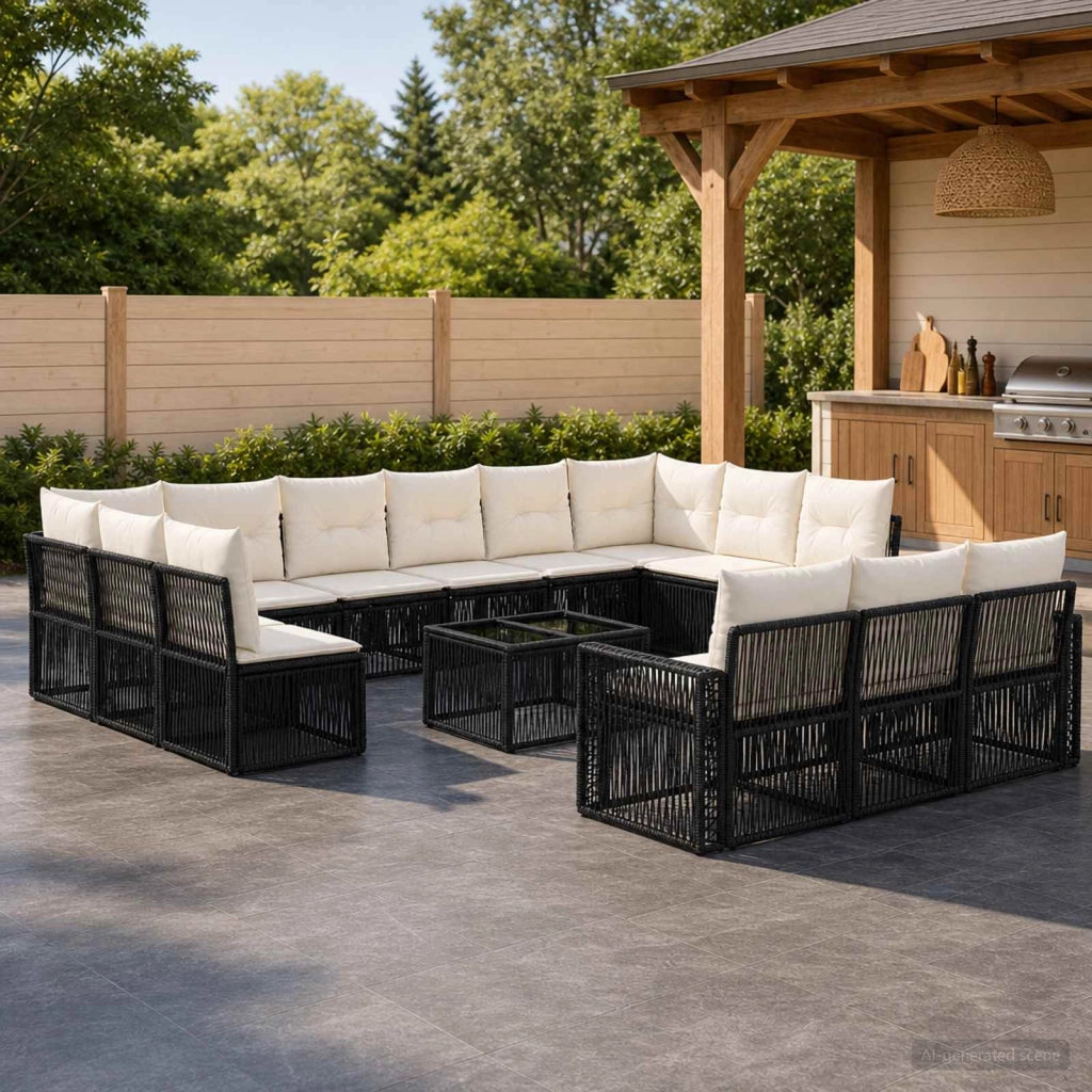 Set Divano da Giardino 14 pz Nero e Bianco Crema polyrattan 3435277