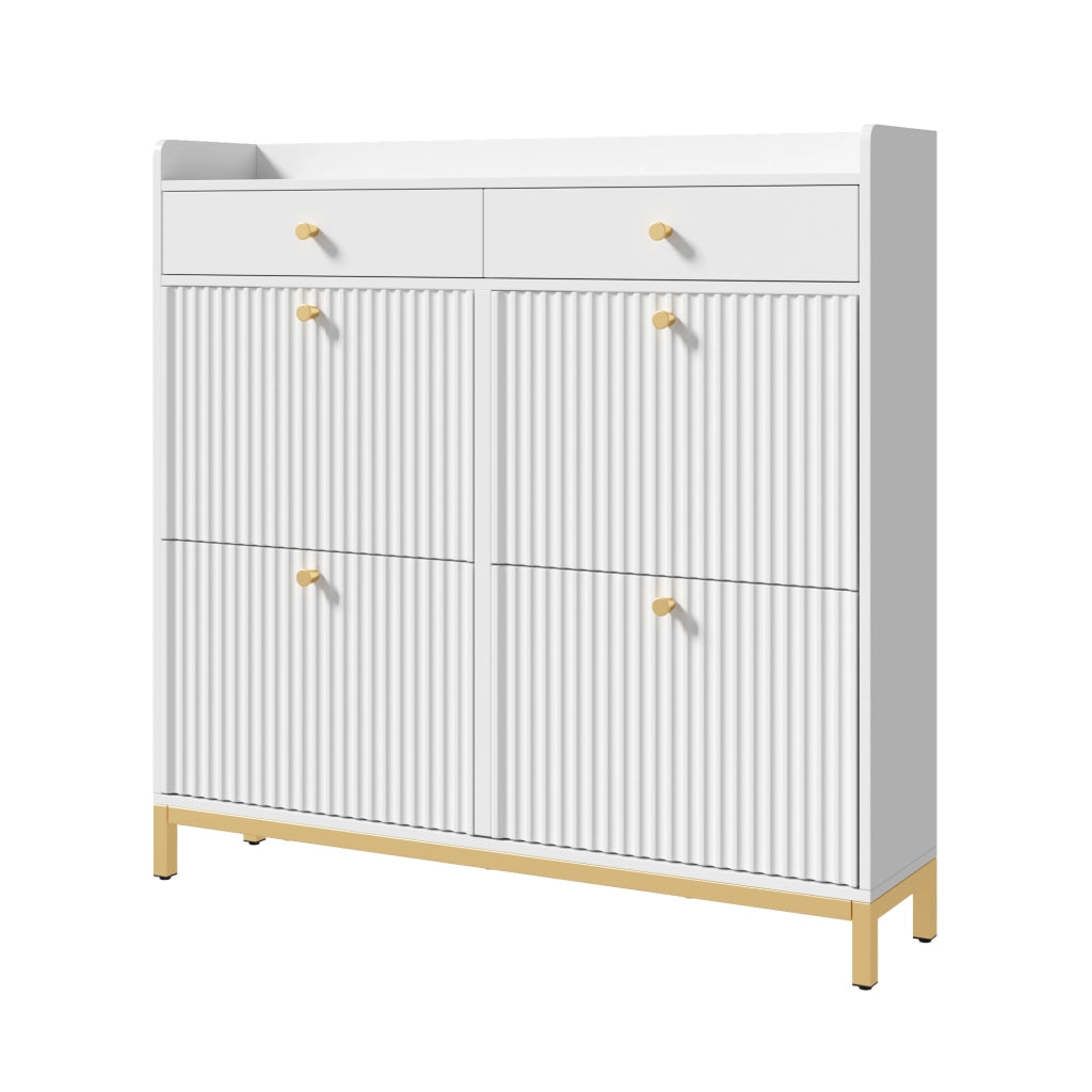 Scarpiera salvaspazio con 4 ante ribaltabili, 2 cassetti, struttura in pannello truciolare bianco, 106,5 x 25 x 107 cm