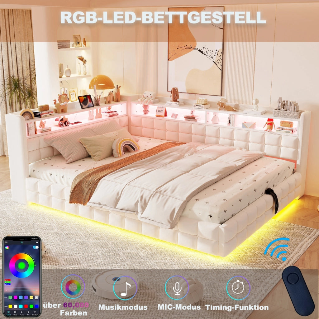 Letto imbottito trasformabile 140x200 cm in velluto beige con contenitore; LED e prese