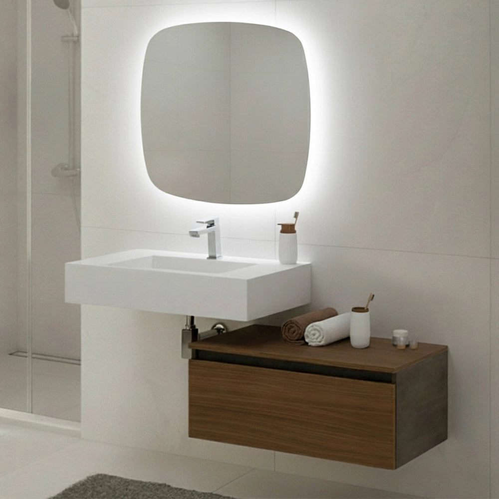 Specchio da parete 80x80 retroilluminato con luce naturale a filo lucido con angoli arrotondati – Aurea