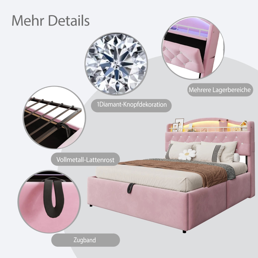 Letto imbottito matrimoniale 140 × 200 cm con contenitore idraulico, USB, USB-C et LED, senza materasso, rosa