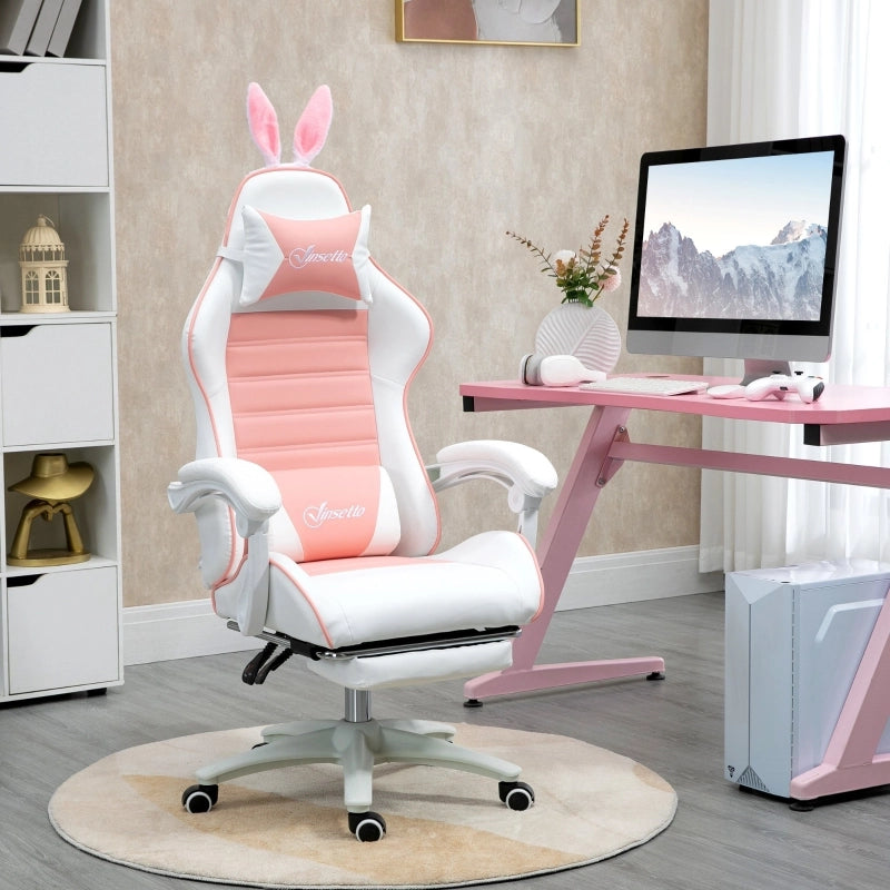 Chaise de bureau gaming ergonomica con poggiapiedi cuscini removibili e orecchie da coniglio in pelle sintetica rosa