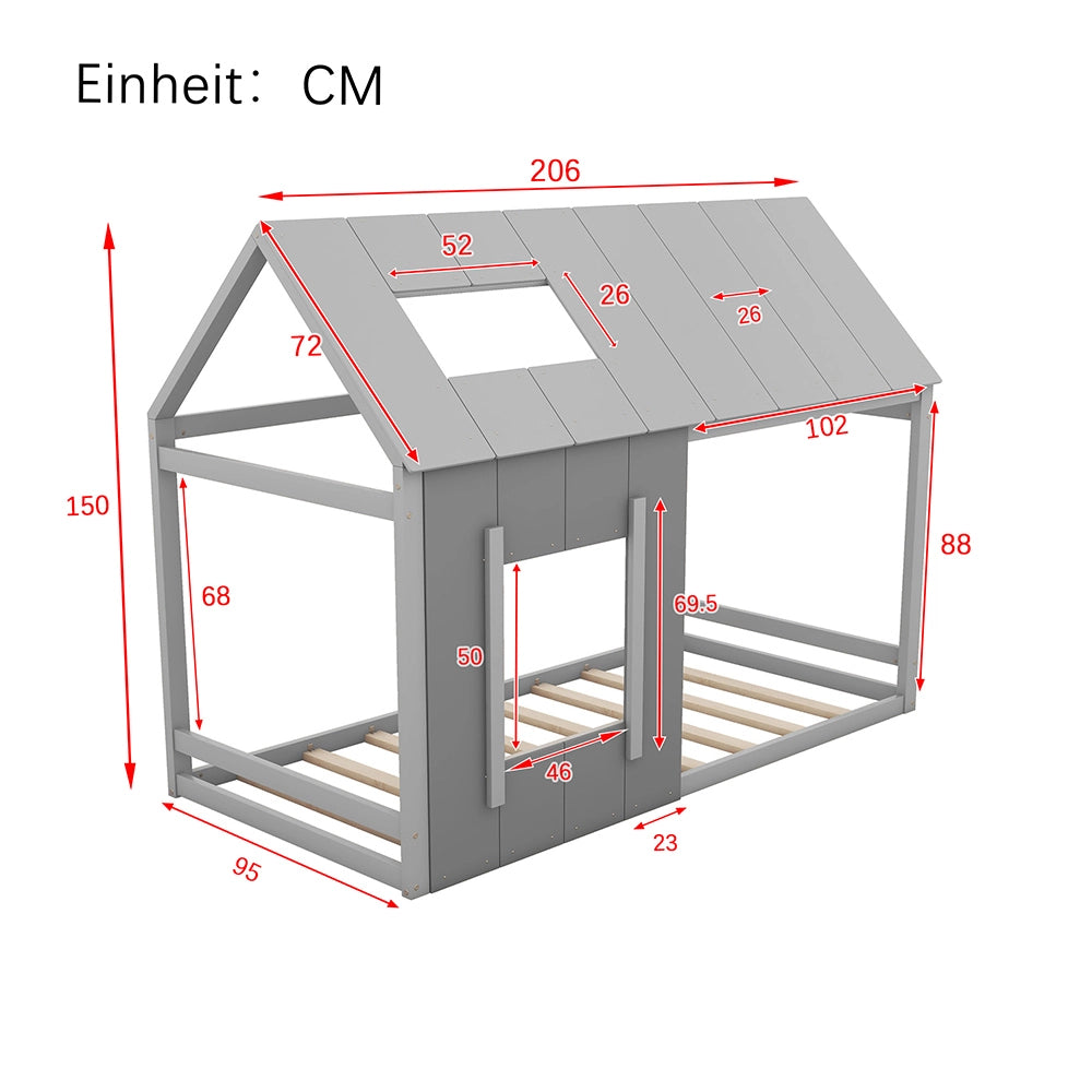 Letto a castello per bambini - Xylo - 90x200 cm - Grigio - Forma casa con tetto e finestra