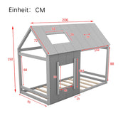 Letto a castello per bambini - Xylo - 90x200 cm - Grigio - Forma casa con tetto e finestra