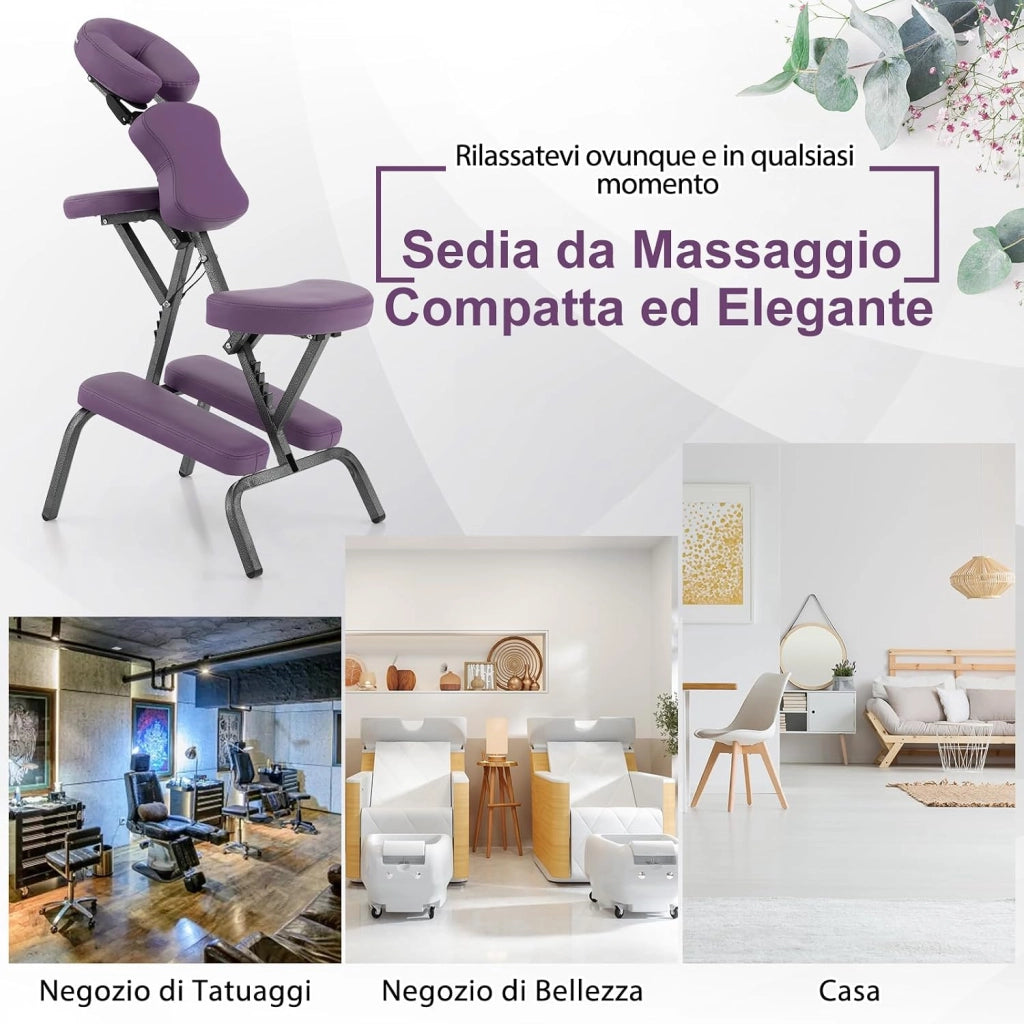 Sedia da Massaggio Pieghevole e Leggera, per Viaggi Tatuaggi e SPA, Sedia da Massaggio con Altezza Regolabile con Poggiatesta e Borsa da Trasporto (Viola)