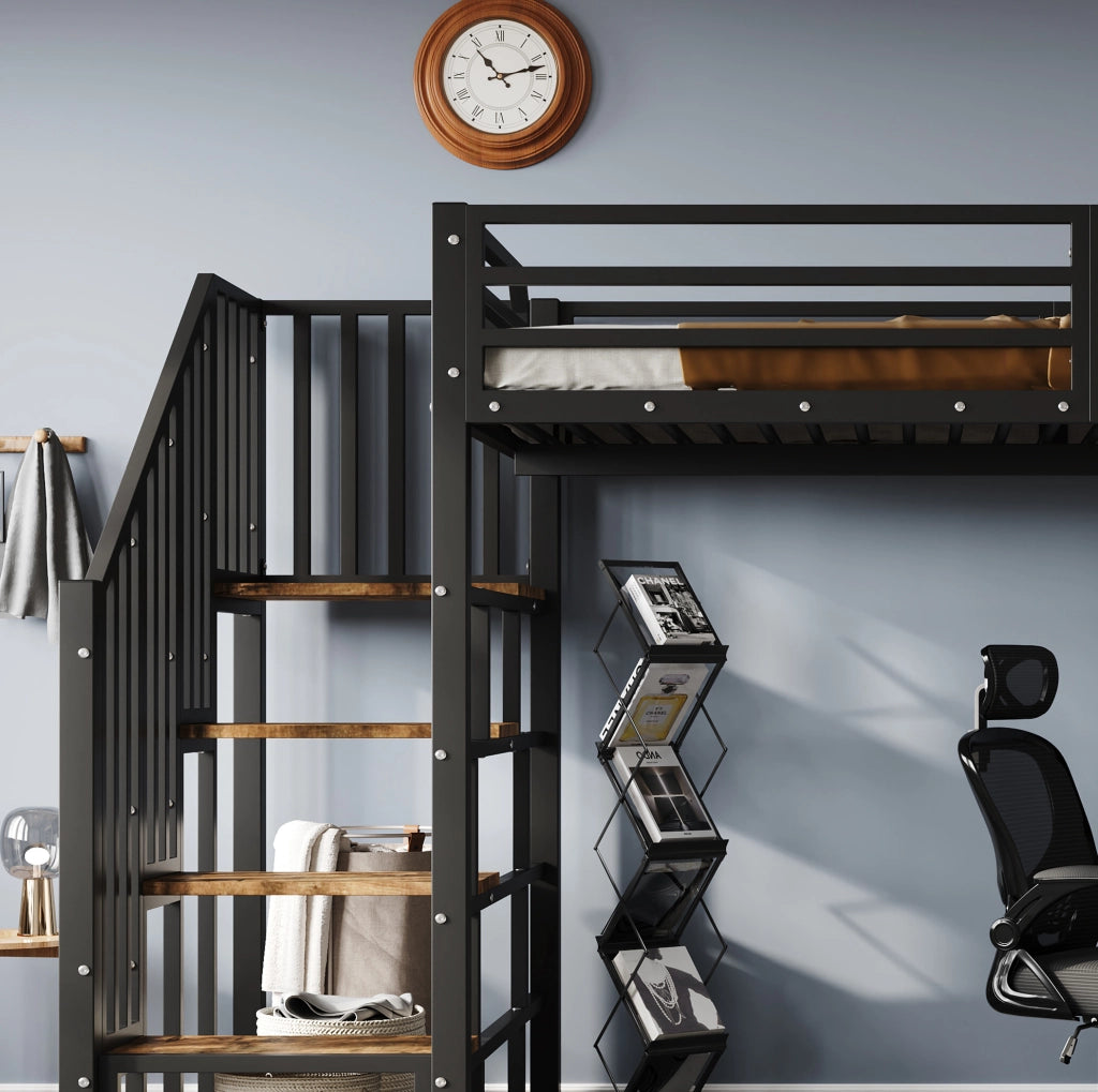 Letto a soppalco ULEVR 120x200 cm con scrivania, scaffale e scale con corrimano, nero e noce scuro