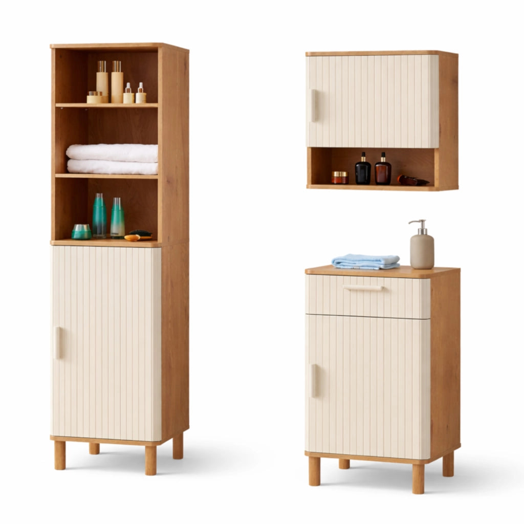 Set da 3 Pezzi per Bagno Ferrersp con Mobile da Terra Pensile da Parete e Mobile a Colonna - Effetto Rovere/Avena Oatmeal [en.casa]