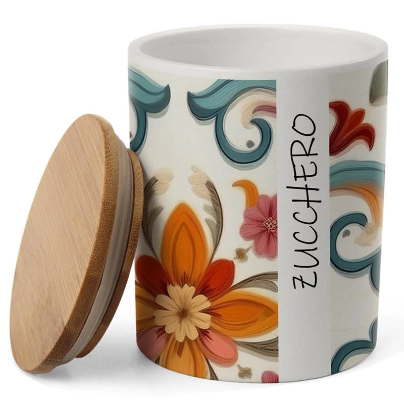 BARATTOLO IN CERAMICA TONDO CON TAPPO ERMETICO IN LEGNO "ZUCCHERO" 10 X 13 CM