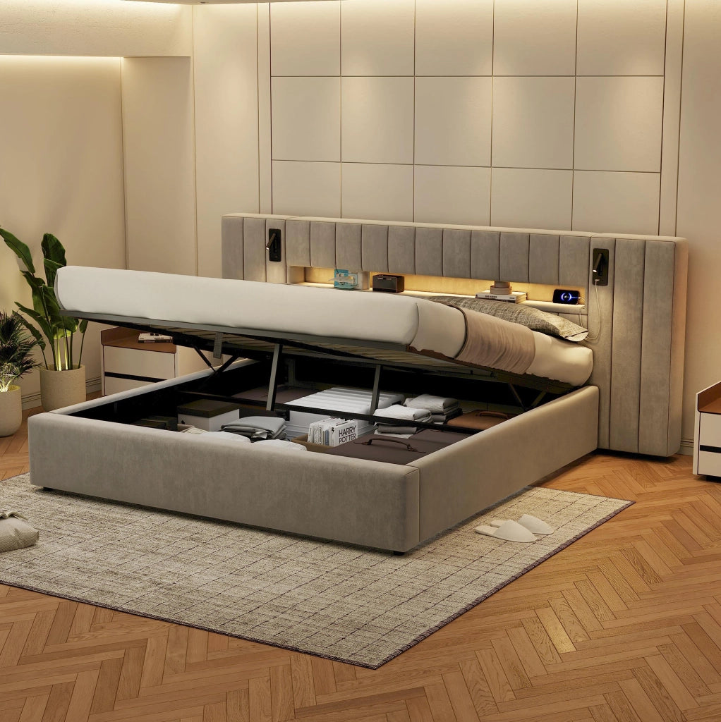 Letto matrimoniale 180x200 cm in velluto grigio con LED e USB