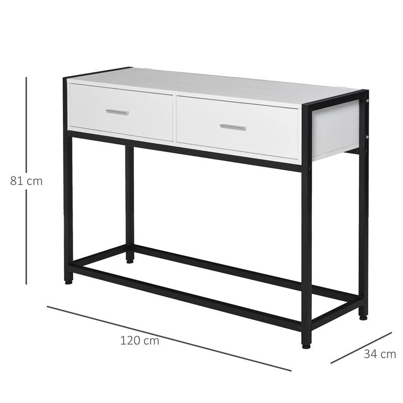 TAVOLO CONSOLLE PER INGRESSO CON 2 CASSETTI IN LEGNO BIANCO E METALLO NERO