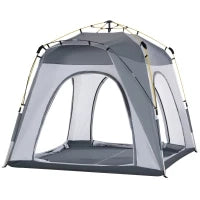 Tenda da Campeggio Familiare 4 Persone, Tenda Tonda Impermeabile Leggera, Ventilata Facile da Montare Pop-Up, 4 Finestre, Parasole, 2,4L x 2,4l x 1,99H m, Bianco e Grigio