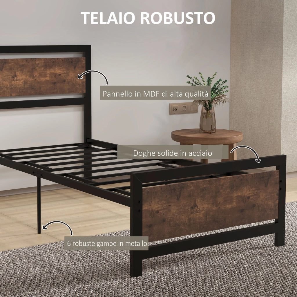 Struttura Letto Singolo in Legno e Acciaio con Doghe in Stile Industriale, 90x200cm