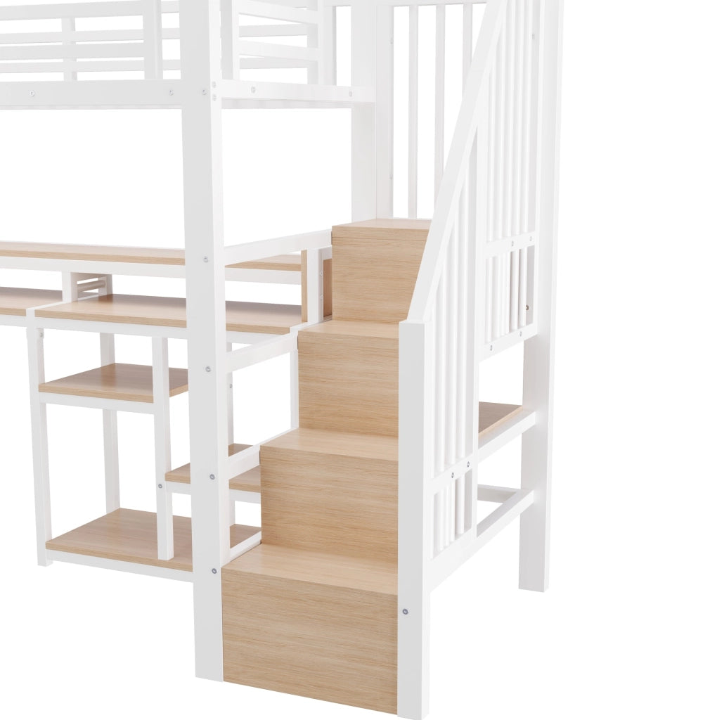 Letto a soppalco con scala contenitore, LED e ricarica USB, bianco
