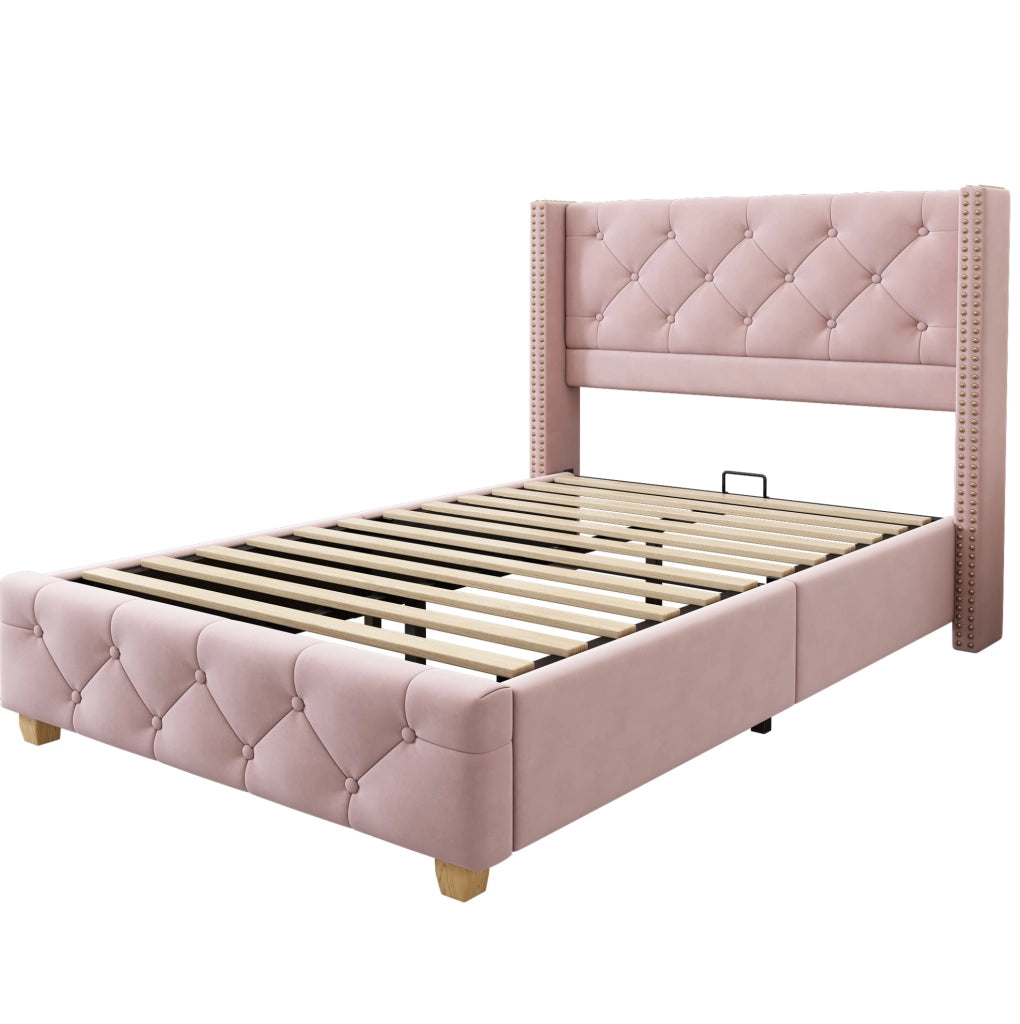 Letto imbottito 90x200 cm; testiera capitonn茅 e finiture borchiate; velluto rosa (Senza materasso)