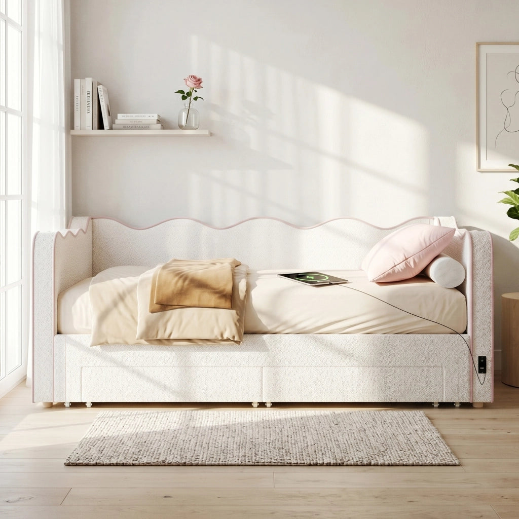 Letto estraibile 90 × 200 cm con 2 cassetti, USB e Type-C, senza materasso, bouclé beige
