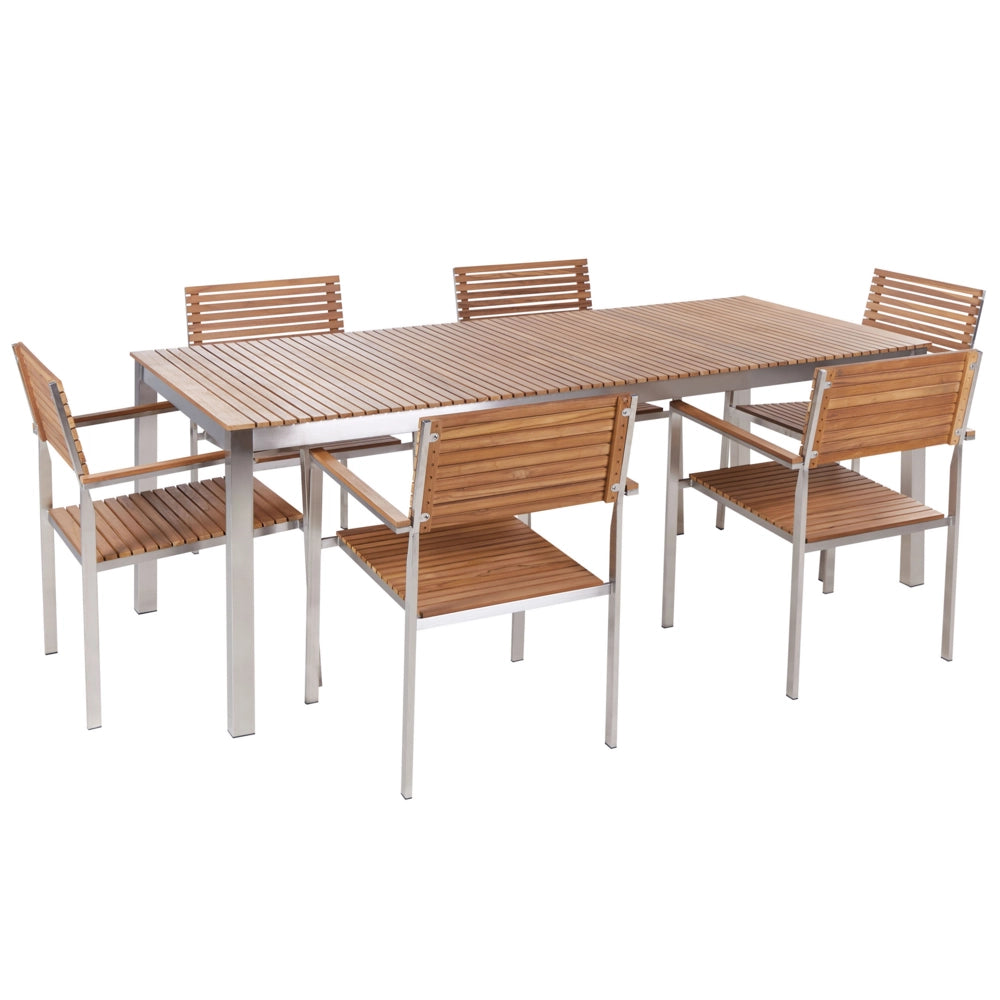 Set da pranzo da giardino in legno di teak struttura in metallo 6 posti 200 x 90 cm a doghe design moderno industriale per esterni