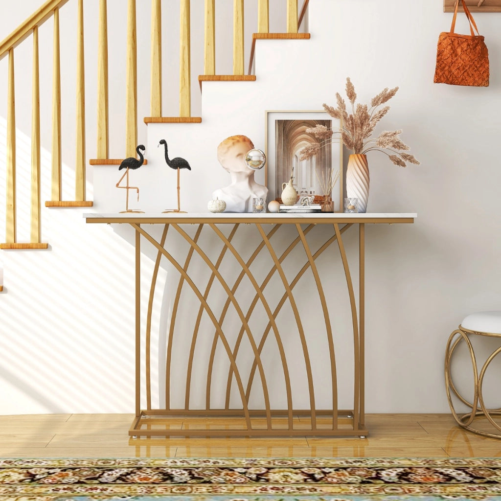 Tavolo consolle da 120cm con piano effetto marmo base geometrica, Tavolo da ingresso lungo e stretto Bianco-Consolle