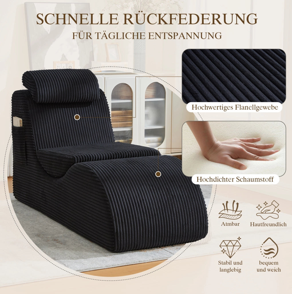 Poltrona singola moderna in velluto a coste nero; 160x66x90 cm; con cuscino rimovibile e tasca laterale