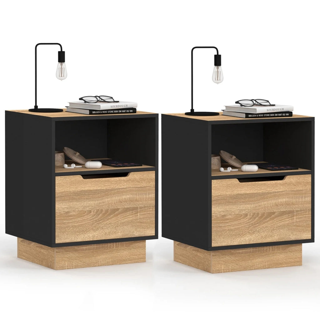 IDMarket - Set di 2 comodini a 1 cassetto OXANA con nicchia in faggio e nero
