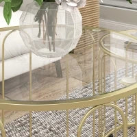 Set di 2 Tavolini Imbottiti Rotondi Moderni con Struttura in Metallo e Piano in Vetro Temperato, Tono Dorato