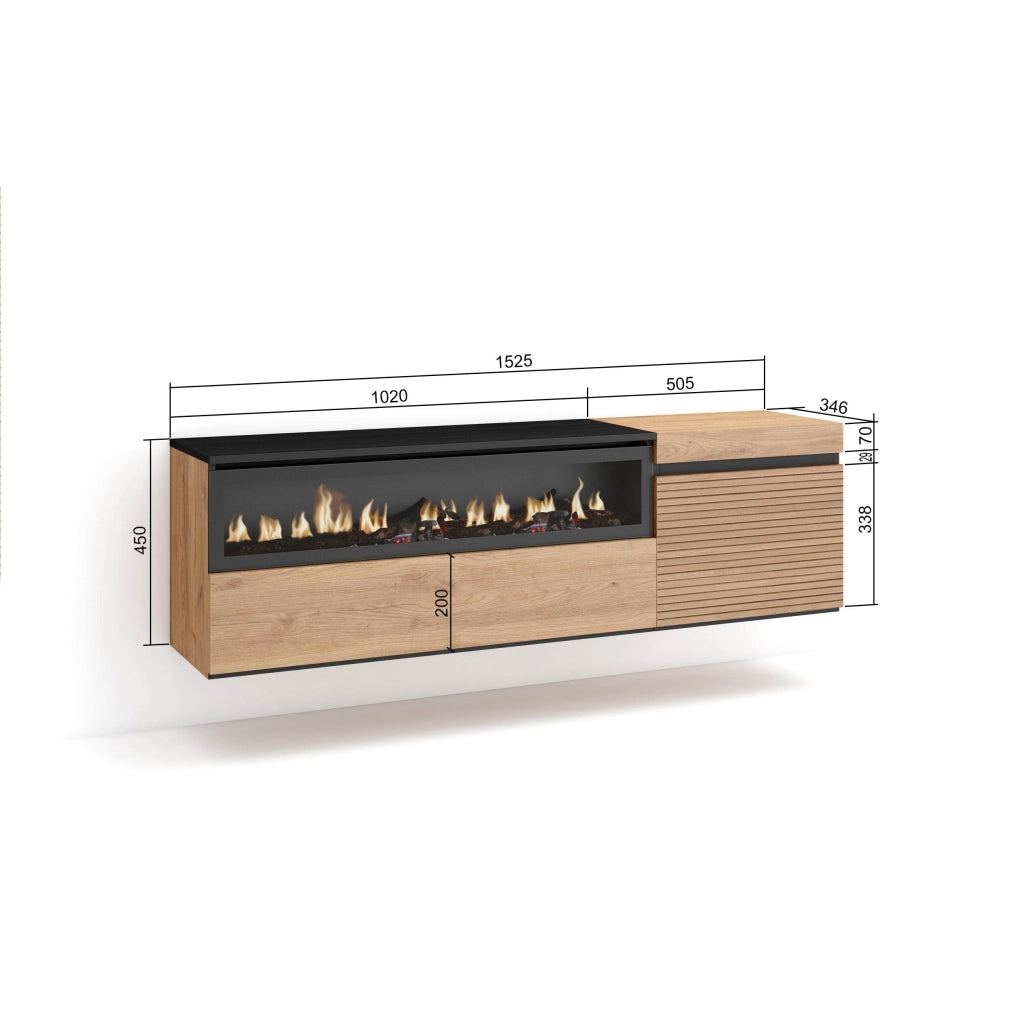 Mobile TV Soggiorno, 150x35x45cm, Per TV fino a 65", Camino elettrico, da appendere, colore Rovere RF3304