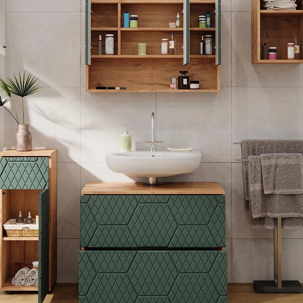 Set mobili bagno Irma, Quercia verde/oro, 4 parti