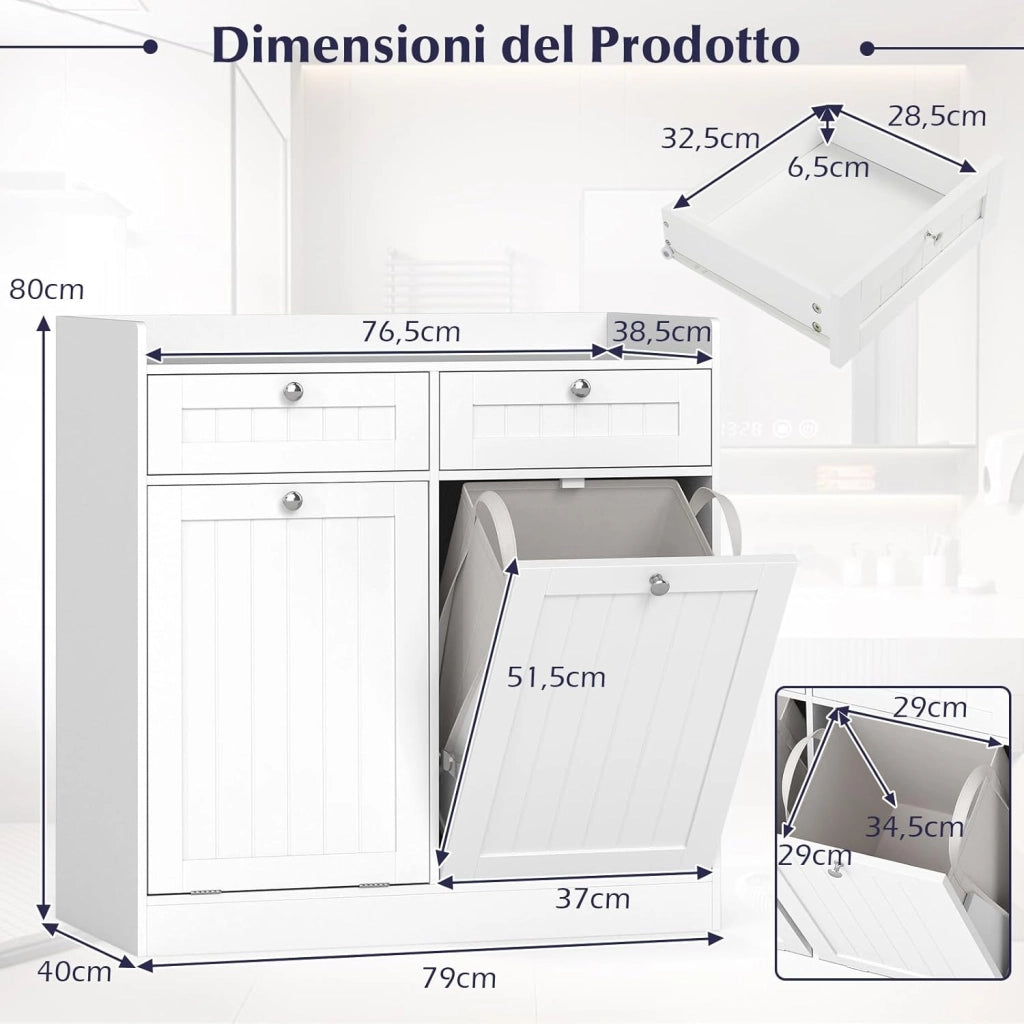Mobiletto per Biancheria con 2 Cesti Ribaltabili, Mobile da Bagno Indipendente con Ripiano, 2 Cassetti e 2 Sacchi Porta Biancheria Rimovibili, Armadietto in Legno per Bucato (79 x 40 x 80 cm)