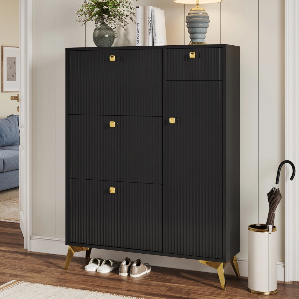 Scarpiera moderna nera con superficie ondulata, 90×25×121 cm