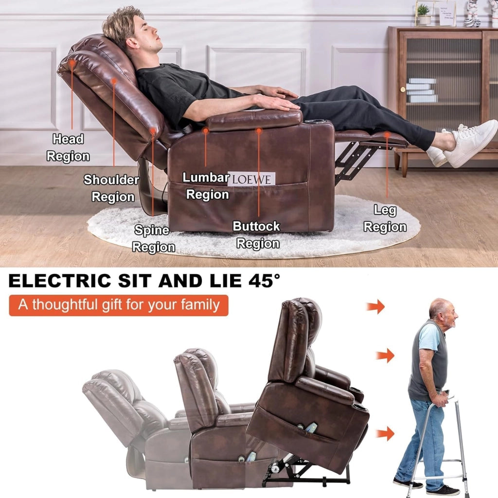 Poltrona Relax Reclinabile Poltrone Relax Elettriche Schienale Regolabile, Poggiapiedi Retrattile, con 2 Portabicchieri, Tasche Laterali, Supporto per Stare in Piedi, Pelle PU Marrone