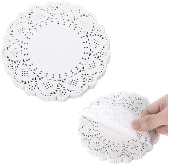 140 fogli - 5,5" placemats rotondi bianchi in carta - bordo rustico a scaglie - piatti per dessert - per torte, feste, ricreazione, matrimoni (bianchi)