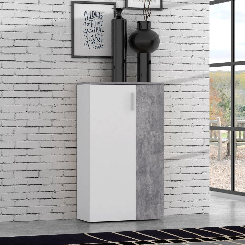 Mobile multiuso scarpiera 2 ante con 5 ripiani colore bianco e cemento Lucio 69x34x120H