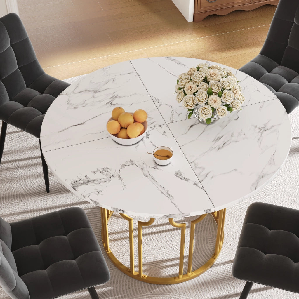 Tavolo da pranzo rotondo con 4 sedie in velluto, piano in MDF effetto marmo, base in metallo, per cucina e sala da pranzo, 100 × 100 × 76 cm