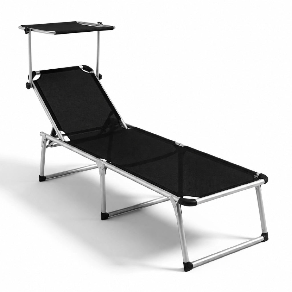Lettino Sdraio Pieghevole Prendisole Con Parasole Schienale Regolabile In 6 Posizioni Telaio In Alluminio Per Piscina Spiaggia Mare Campeggio Giardino 187 x 59 x 29 Cm (Nero)