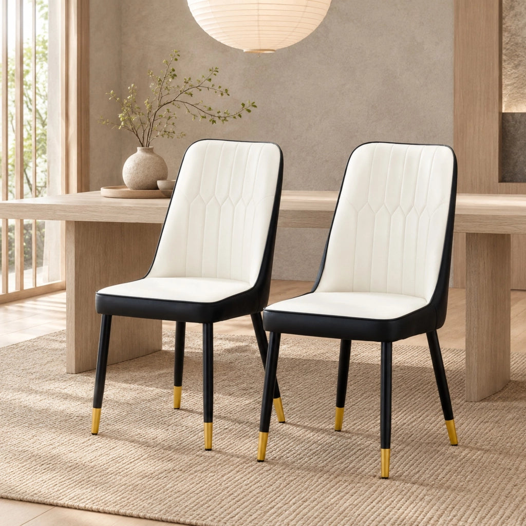 Set di 2 sedie da pranzo in PU bianco e nero con gambe in metallo
