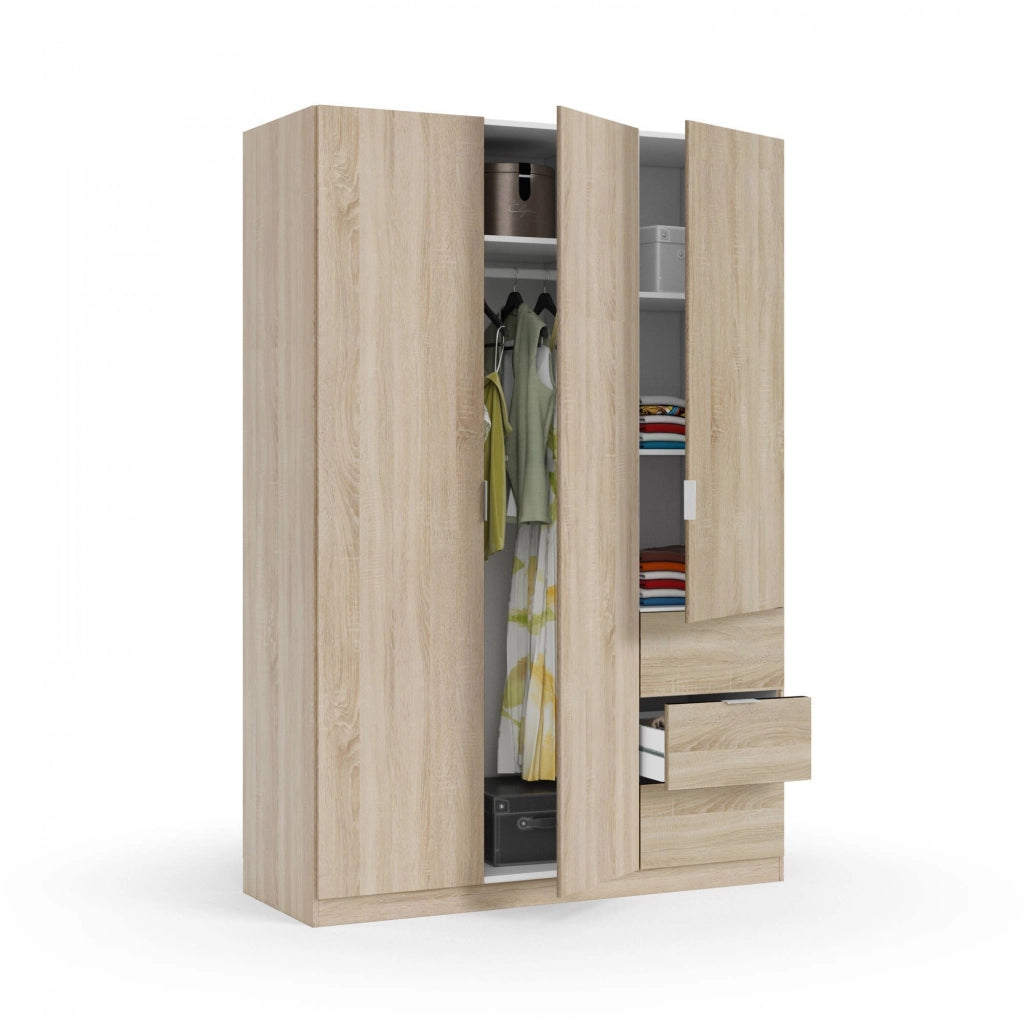 Guardaroba Ade, Armadio per camera da letto a 3 ante e 3 cassetti, Mobile con 3 ripiani e barra appendiabiti, cm 135x52h200, Rovere