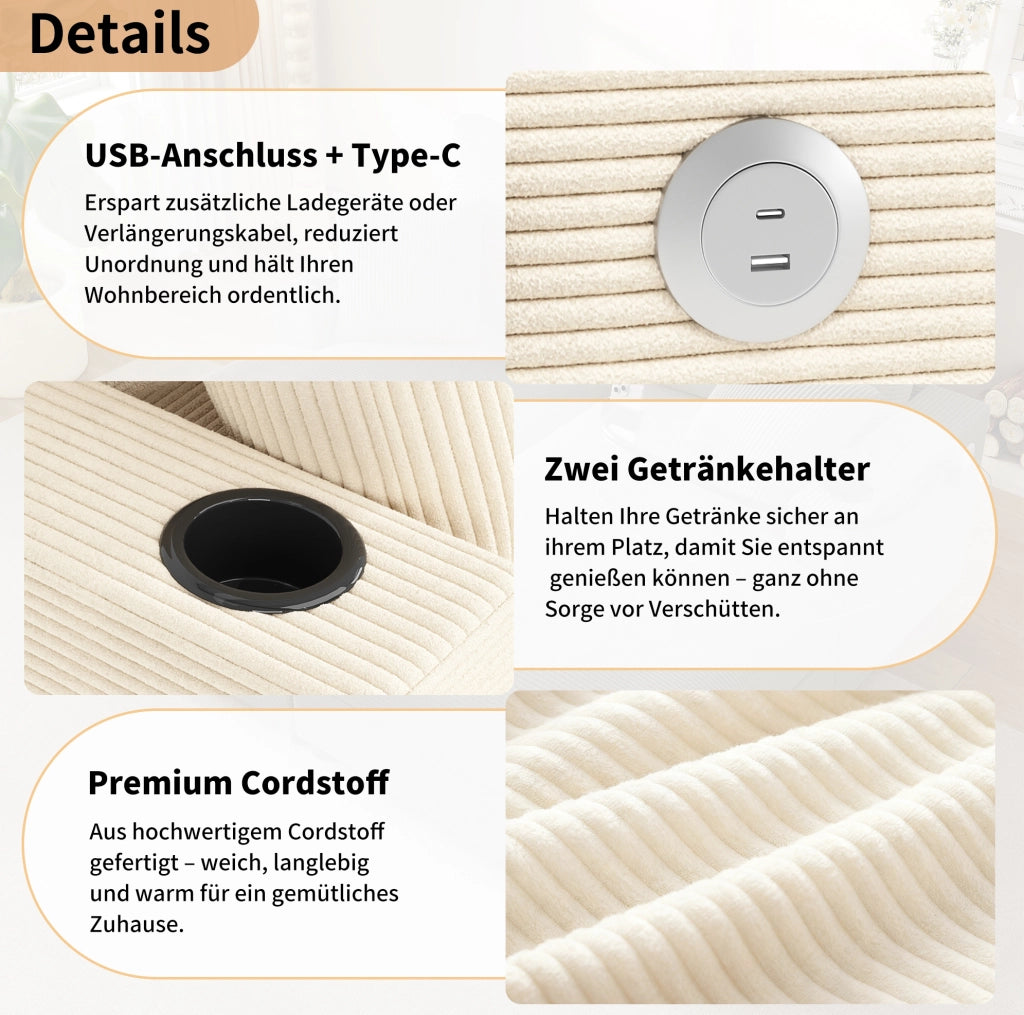 Divano 2 posti beige in velluto a coste con USB, USB-C e portabevande