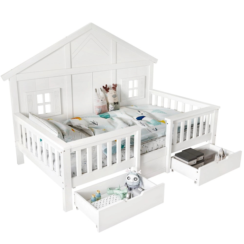 Letto Singolo Bambini a Casetta con Cassetti ¨C Xylo ¨C Pino MDF Multistrato Bianco 90x200