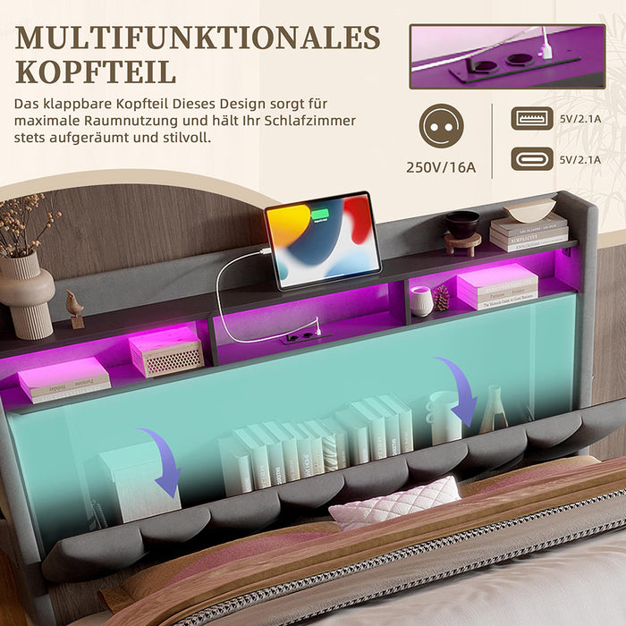 Letto 140x200cm imbottito - Xylo - grigio USB-C idraulico LED