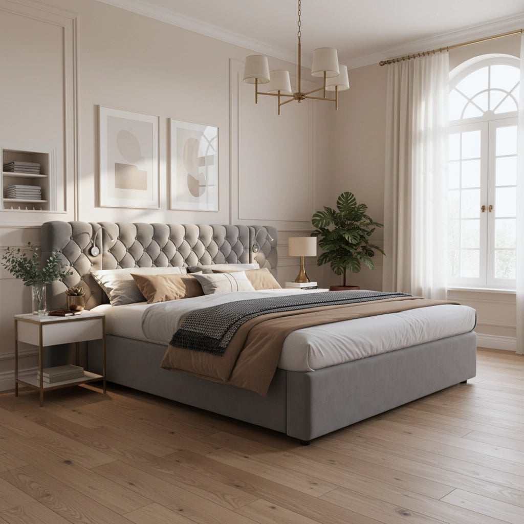 LETTO Contenitore 180x200 cm in velluto grigio con luce da lettura