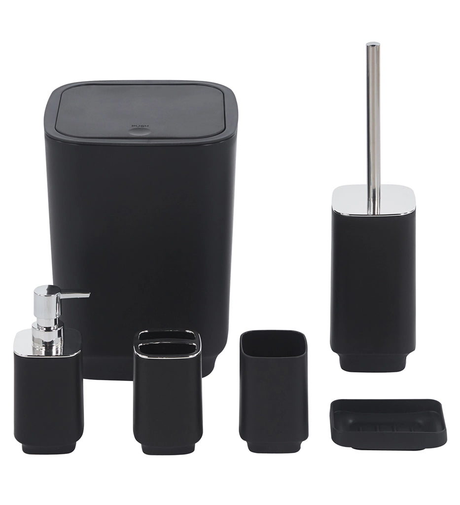 Set Completo Accessori Bagno 6 Pezzi Design Moderno In Plastica Resistente Con Finiture Lucide Incluso Cestino Pattumiera,Dispenser Sapone, PortaSaponetta, Porta Spazzolini, Portascopino - Nero