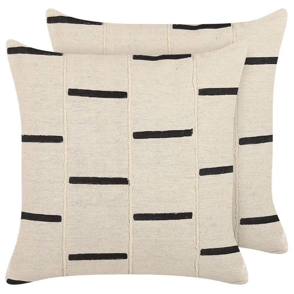 Set di 2 cuscini decorativi cotone beige e nero 45 x 45 cm motivo geometrico a righe fatto a mano sfoderabile con imbottitura
